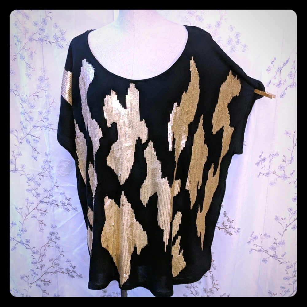 INC International Concepts Black Top with Gold Sequin Abstract Pattern